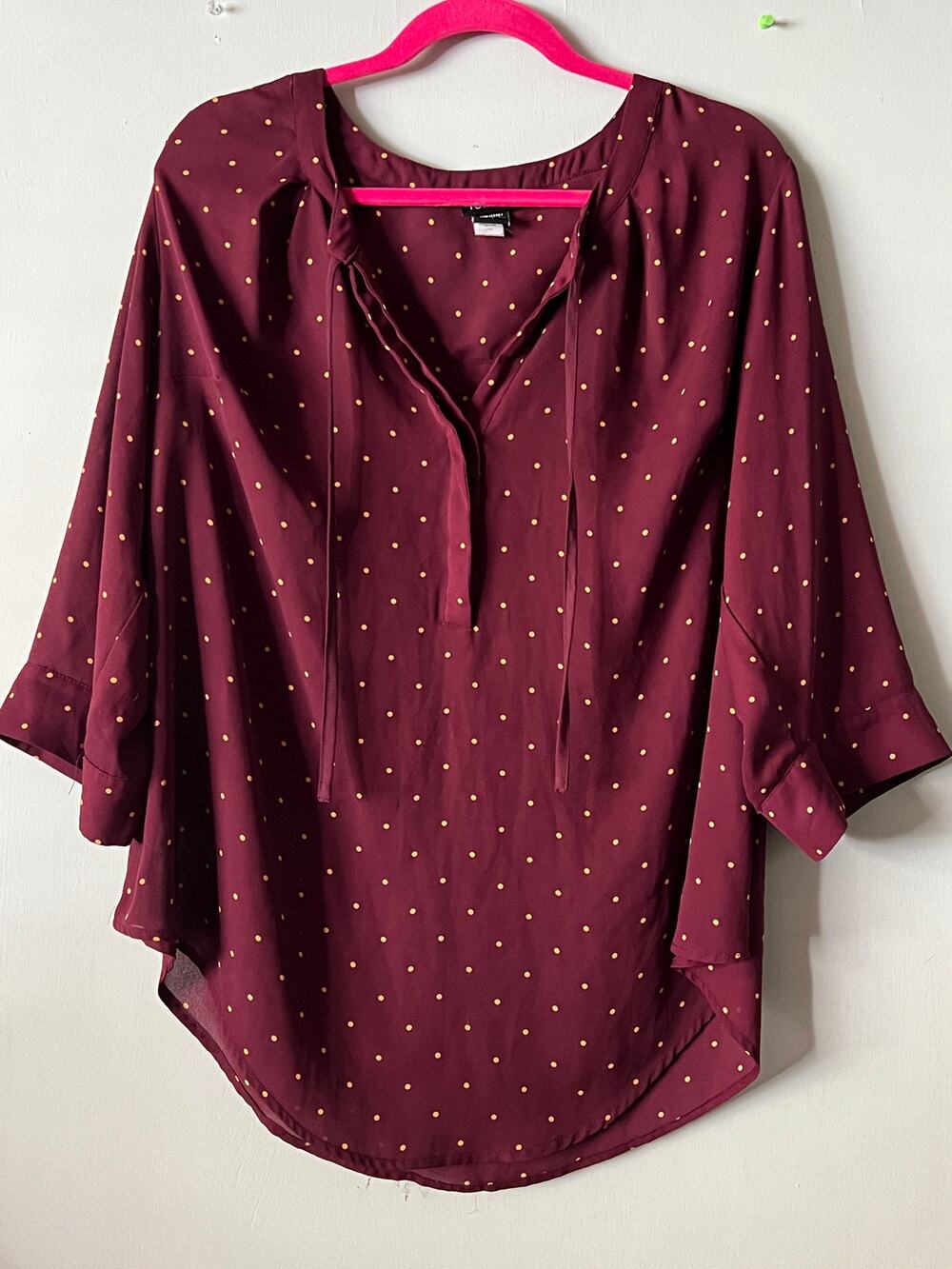 Torrid Polka Dot Sheer 3/4 Sleeve Burgundy Top Womens 1X Career Dressy Formal